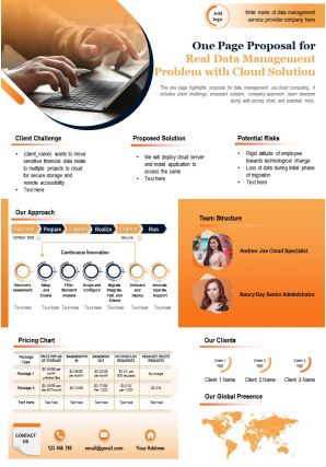 One page proposal for real data management problem with cloud solution report infographic ppt pdf document