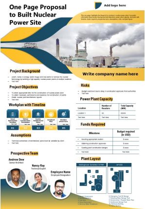 One page proposal to built nuclear power site presentation report infographic ppt pdf document
