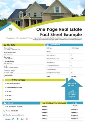 One page real estate fact sheet example presentation report infographic ppt pdf document