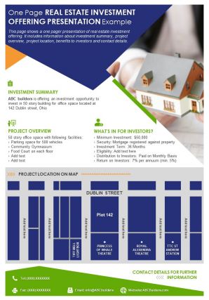 One page real estate investment offering presentation example presentation report infographic ppt pdf document