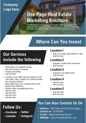 One page real estate marketing brochure presentation report infographic ppt pdf document