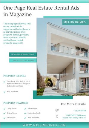 One page real estate rental ads in magazine presentation report infographic ppt pdf document