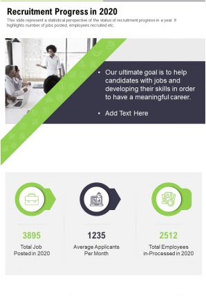 One page recruitment progress in 2020 presentation report infographic ppt pdf document