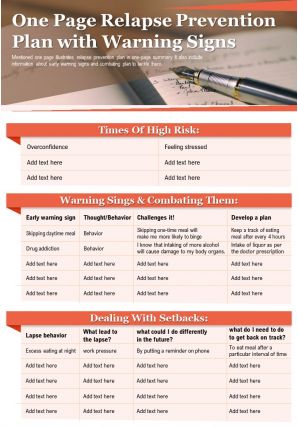 One page relapse prevention plan with warning signs presentation report infographic ppt pdf document