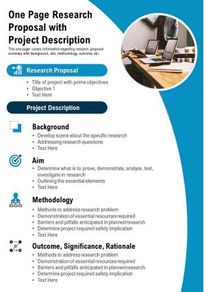 One page research proposal with project description presentation report infographic ppt pdf document