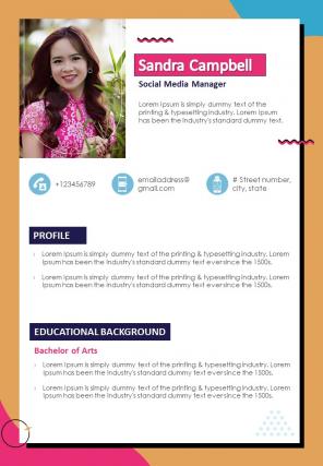 One Page Resume For Social Media Manager Presentation Report Infographic Ppt Pdf Document