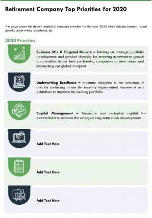 One page retirement company top priorities for 2020 infographic ppt pdf document
