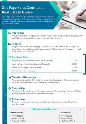 One page sales contract for real estate house presentation report infographic ppt pdf document