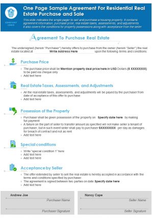 One page sample agreement for residential real estate purchase and sale report infographic ppt pdf document