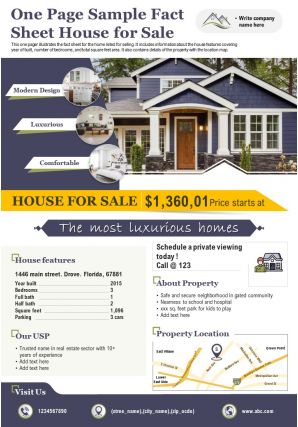One page sample fact sheet house for sale presentation report infographic ppt pdf document