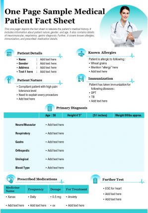 One page sample medical patient fact sheet presentation report infographic ppt pdf document