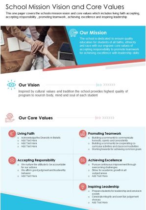 One page school mission vision and core values presentation report infographic ppt pdf document