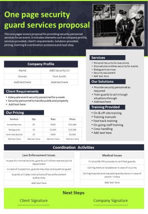 One Page Security Guard Services Proposal Presentation Report Infographic PPT PDF Document
