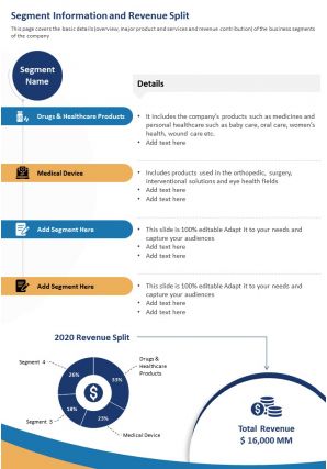One page segment information and revenue split template 467 report infographic ppt pdf document