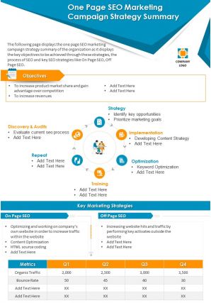 One page seo marketing campaign strategy summary presentation report infographic ppt pdf document