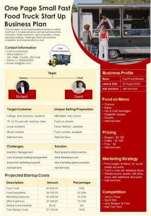 One Page Small Fast Food Truck Start Up Business Plan Presentation Report Infographic PPT PDF Document