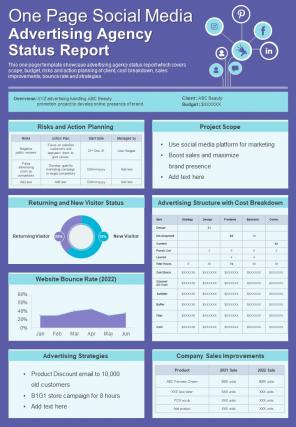 One Page Social Media Advertising Agency Status Report Presentation Infographic PPT PDF Document