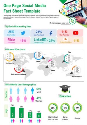 One page social media fact sheet template presentation report ppt pdf document
