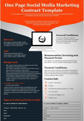One page social media marketing contract template presentation report infographic ppt pdf document