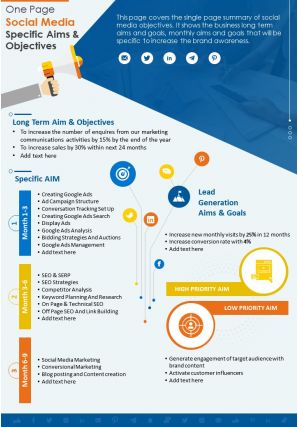 One page social media specific aims and objectives presentation report infographic ppt pdf document