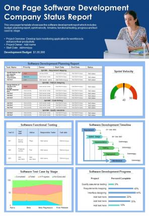One Page Software Development Company Status Report Presentation Infographic PPT PDF Document