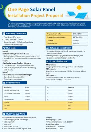 One Page Solar Panel Installation Project Proposal Presentation Report Infographic Ppt Pdf Document