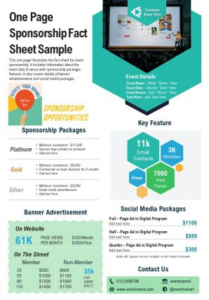 One Page Sponsorship Fact Sheet Sample Presentation Report Infographic PPT  PDF Document | Presentation Graphics | Presentation PowerPoint Example |  Slide Templates