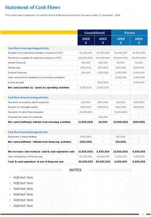 One page statement of cash flows presentation report infographic ppt pdf document