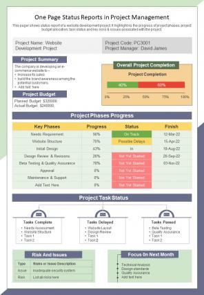 One Page Status Reports In Project Management Presentation Report Infographic PPT PDF Document