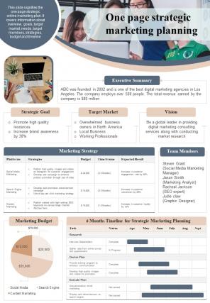 One Page Strategic Marketing Planning Presentation Report Infographic Ppt Pdf Document
