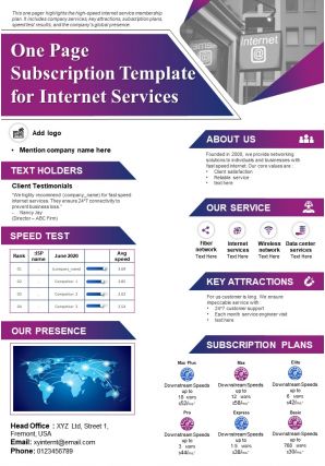 One page subscription template for internet services presentation report infographic ppt pdf document