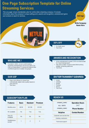 One page subscription template for online streaming services presentation report infographic ppt pdf document
