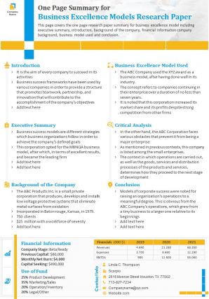 One page summary for business excellence models research paper presentation report infographic ppt pdf document