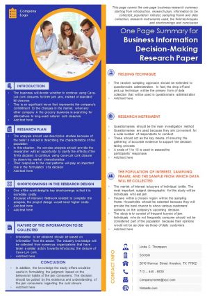 One page summary for business information and decision making research paper report infographic ppt pdf document