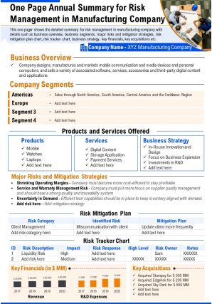 One page summary for risk management in manufacturing company report ppt pdf document