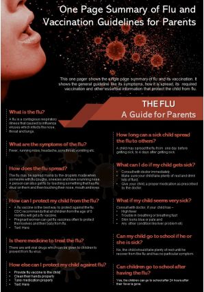 One page summary of flu and vaccination guidelines for parents presentation report infographic ppt pdf document