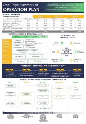 One page summary of operation plan presentation report infographic ppt pdf document