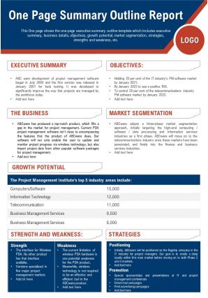 One page summary outline report presentation report infographic ppt pdf document