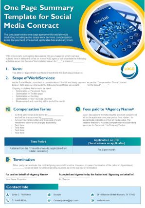 One page summary template for social media contract presentation report infographic ppt pdf document