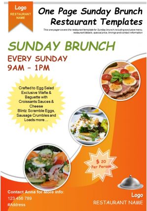 One page sunday brunch restaurant templates presentation report infographic ppt pdf document