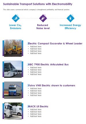 One page sustainable transport solutions with electromobility infographic ppt pdf document