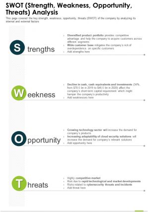 One page swot strength weakness opportunity threats analysis infographic ppt pdf document