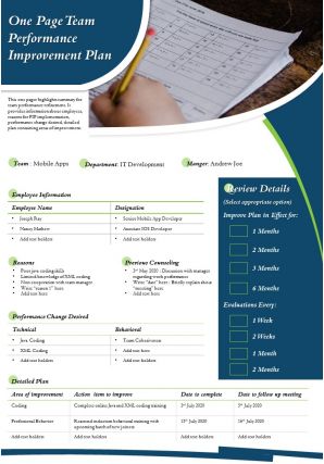One page team performance improvement plan presentation report infographic ppt pdf document