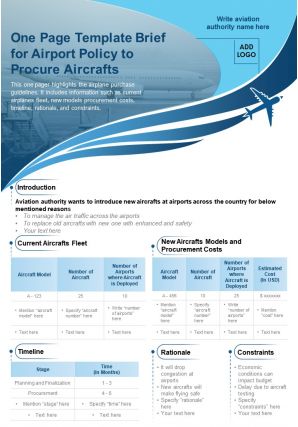 One page template brief for airport policy to procure aircrafts presentation report infographic ppt pdf document