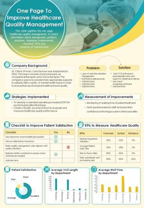 One Page To Improve Healthcare Quality Management Presentation Report Infographic PPT PDF Document