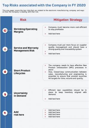 One page top risks associated with the company in fy 2020 infographic ppt pdf document