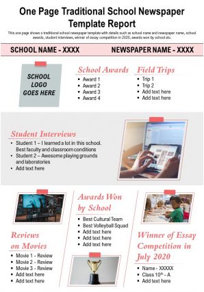 One page traditional school newspaper template report presentation report infographic ppt pdf document