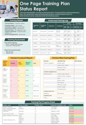 One Page Training Plan Status Report Presentation Infographic Ppt Pdf Document