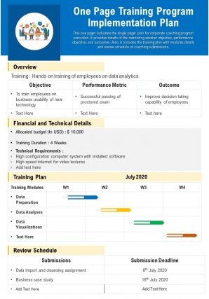 One page training program implementation plan presentation report infographic ppt pdf document