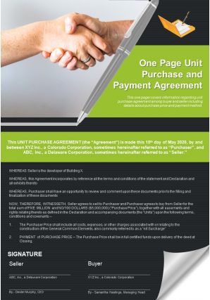 One page unit purchase and payment agreement presentation report infographic ppt pdf document